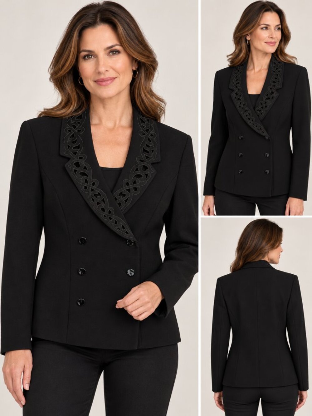 Kaspar ASL VINT Black double breasted blazer, cutout & embroider lapel, Size 10